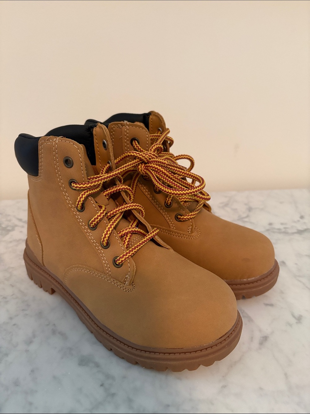 wonder nation Tan Lace-Up Kids Work Boots with Black Collar
